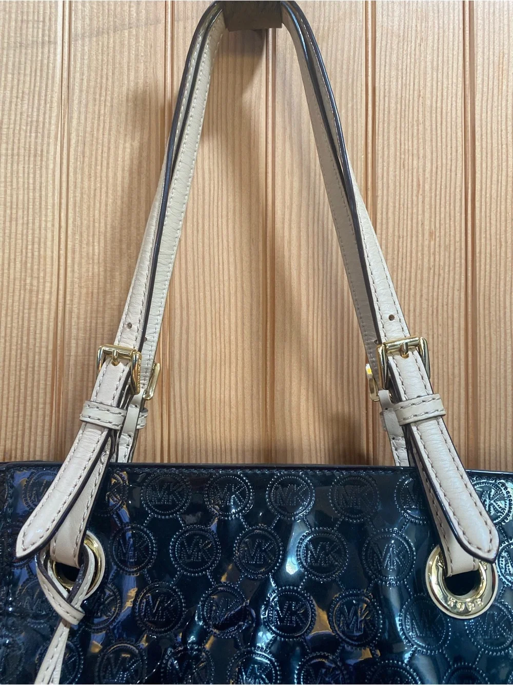 Michael Kors Black Patent Tote with Tan Handles & Outside Pockets